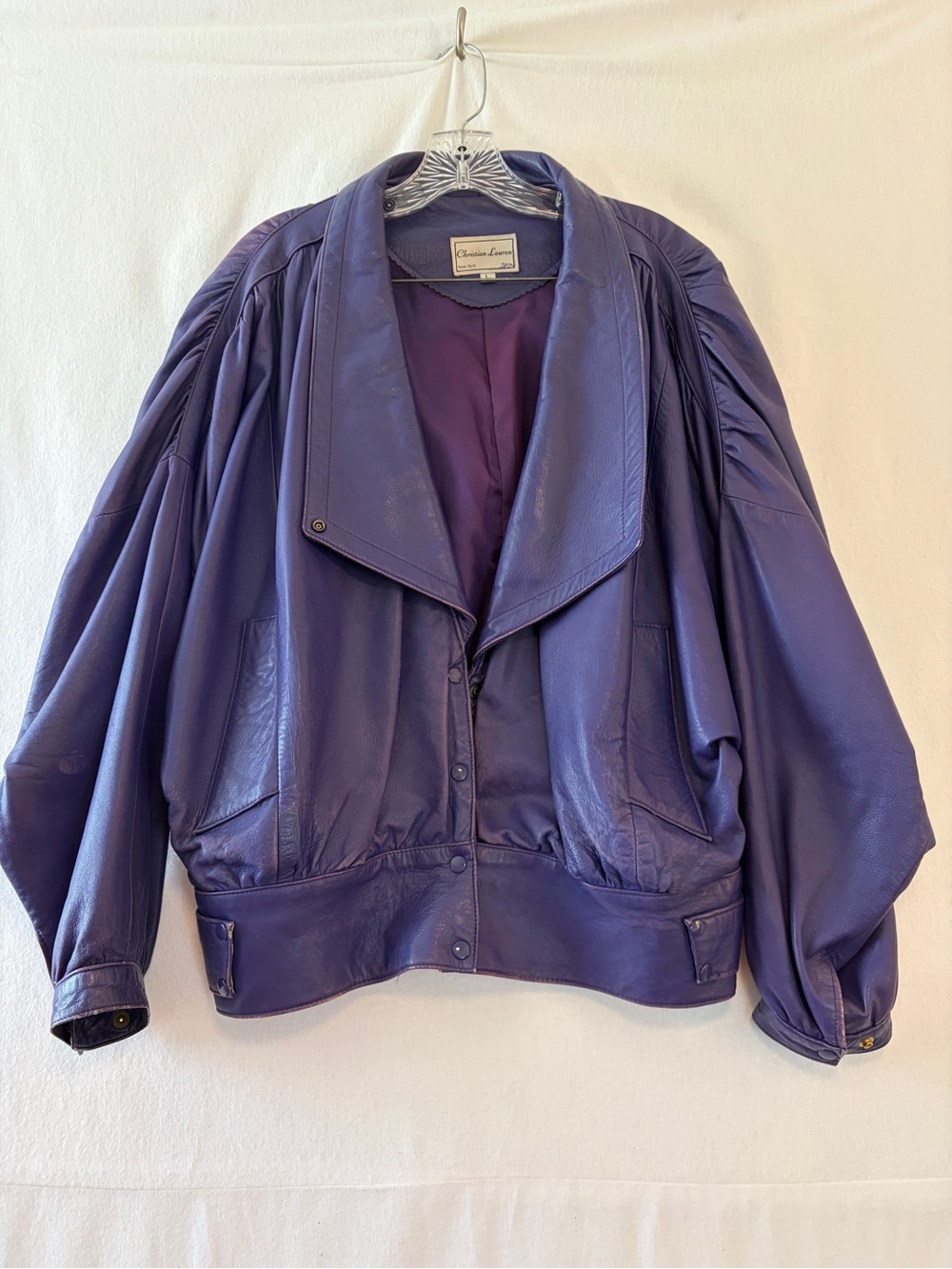 1980s Vintage Christian Lauren Purple Leather Bomber Jacket